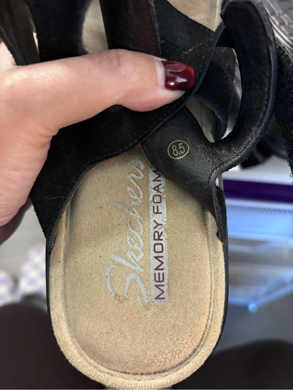 Skechers Memory Foam Black Suede Cutout Slingback Wedge Sandals 8.5